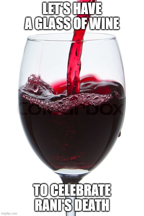Wine Glass | LET'S HAVE A GLASS OF WINE; TO CELEBRATE RANI'S DEATH | image tagged in wine glass | made w/ Imgflip meme maker