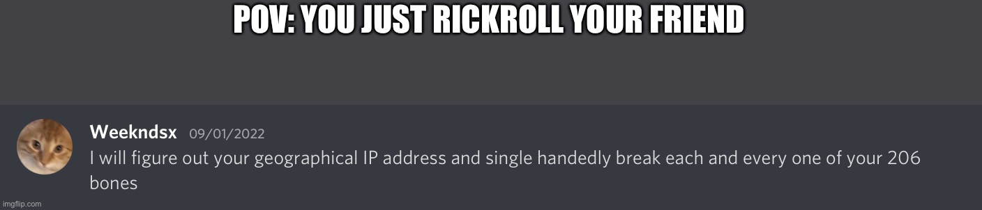 When you rickroll someone (my own template, feel free to use it) | POV: YOU JUST RICKROLL YOUR FRIEND | image tagged in rickroll,rickrolling,rickrolled | made w/ Imgflip meme maker