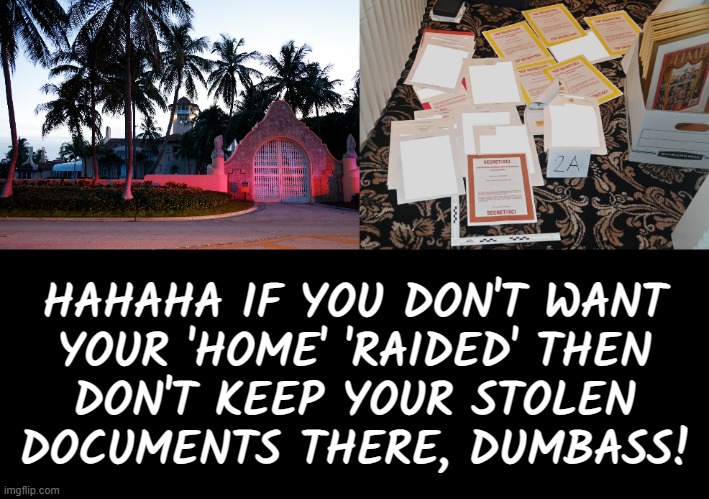 HOW DUMB AND ENTITLED CAN A PERSON BE? | HAHAHA IF YOU DON'T WANT
YOUR 'HOME' 'RAIDED' THEN
DON'T KEEP YOUR STOLEN
DOCUMENTS THERE, DUMBASS! | image tagged in mar-a-lago classified documents,stolen,documents,dumbass,donny | made w/ Imgflip meme maker