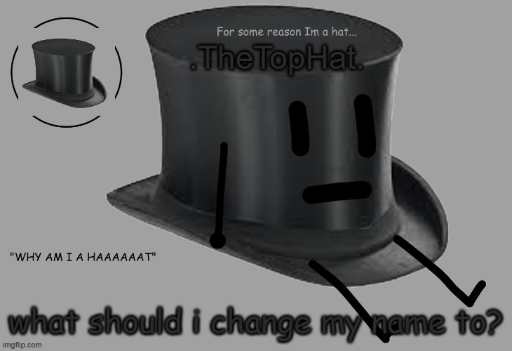 e | what should i change my name to? | image tagged in top hat announcement temp | made w/ Imgflip meme maker