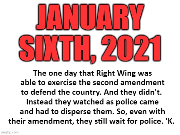 Coulda? Woulda? Shoulda? You decide. | JANUARY SIXTH, 2021; The one day that Right Wing was able to exercise the second amendment to defend the country. And they didn't. 
Instead they watched as police came and had to disperse them. So, even with their amendment, they still wait for police. 'K. | image tagged in blank white template,january sixth,capitol riot,maga,tds,liberal logic | made w/ Imgflip meme maker