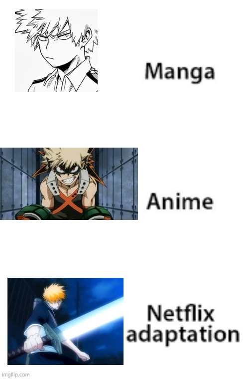 Katsuki Bakugou (My Hero Academia) V.S Ichigo Kurosaki (Bleach) | image tagged in manga anime netflix adaption,memes,anime meme,anime,bleach,my hero academia | made w/ Imgflip meme maker