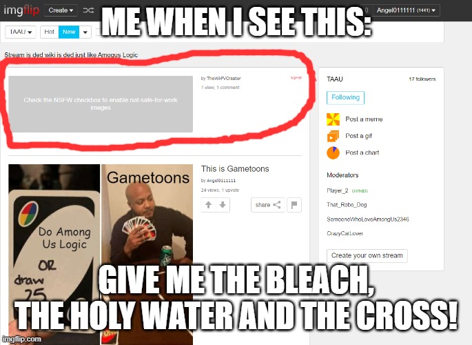 Me when I see this | ME WHEN I SEE THIS:; GIVE ME THE BLEACH, THE HOLY WATER AND THE CROSS! | made w/ Imgflip meme maker