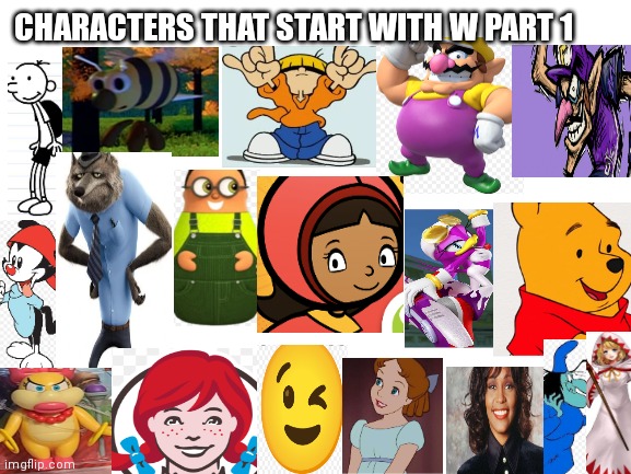 Characters that start with a W | CHARACTERS THAT START WITH W PART 1 | image tagged in blank white template,funny memes | made w/ Imgflip meme maker