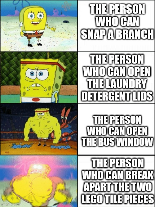 Increasingly buff spongebob |  THE PERSON WHO CAN SNAP A BRANCH; THE PERSON WHO CAN OPEN THE LAUNDRY DETERGENT LIDS; THE PERSON WHO CAN OPEN THE BUS WINDOW; THE PERSON WHO CAN BREAK APART THE TWO LEGO TILE PIECES | image tagged in increasingly buff spongebob | made w/ Imgflip meme maker