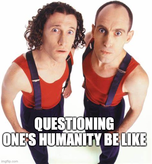 Questioning one's humanity be like | QUESTIONING ONE'S HUMANITY BE LIKE | image tagged in the umbilical brothers | made w/ Imgflip meme maker