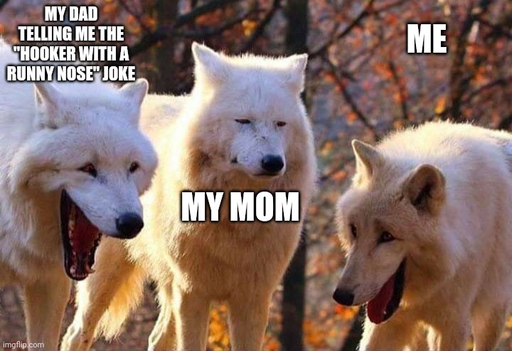 Laughing wolf | MY DAD TELLING ME THE "HOOKER WITH A RUNNY NOSE" JOKE; ME; MY MOM | image tagged in laughing wolf | made w/ Imgflip meme maker