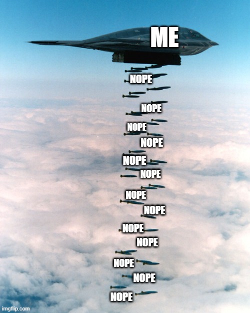 B2 bombing run | ME NOPE NOPE NOPE NOPE NOPE NOPE NOPE NOPE NOPE NOPE NOPE NOPE NOPE | image tagged in b2 bombing run | made w/ Imgflip meme maker