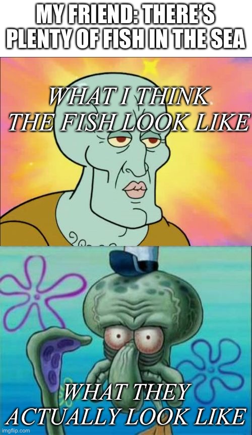 My luck | MY FRIEND: THERE’S PLENTY OF FISH IN THE SEA; WHAT I THINK THE FISH LOOK LIKE; WHAT THEY ACTUALLY LOOK LIKE | image tagged in memes,squidward | made w/ Imgflip meme maker