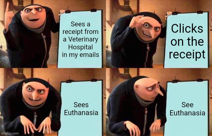 Based on a recent event | Sees a receipt from a Veterinary Hospital in my emails; Clicks on the receipt; Sees Euthanasia; See Euthanasia | image tagged in memes,gru's plan | made w/ Imgflip meme maker