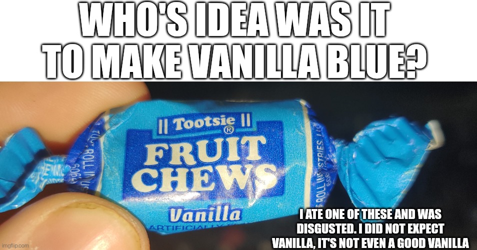 WHO'S IDEA WAS IT TO MAKE VANILLA BLUE? I ATE ONE OF THESE AND WAS DISGUSTED. I DID NOT EXPECT VANILLA, IT'S NOT EVEN A GOOD VANILLA | image tagged in blank white template | made w/ Imgflip meme maker