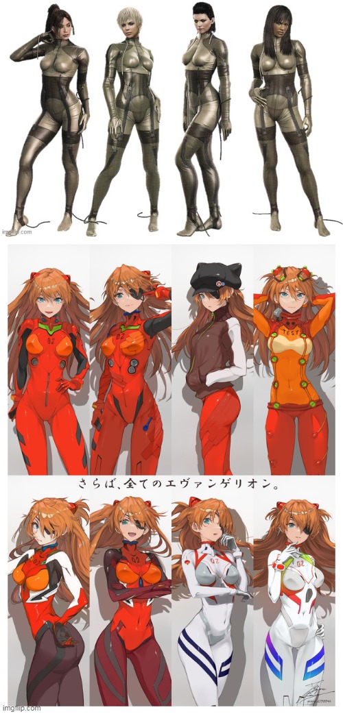Drawing parallels that do not make any sense n°4 | image tagged in metal gear solid,neon genesis evangelion,rebuild of evangelion,asuka langley soryu | made w/ Imgflip meme maker