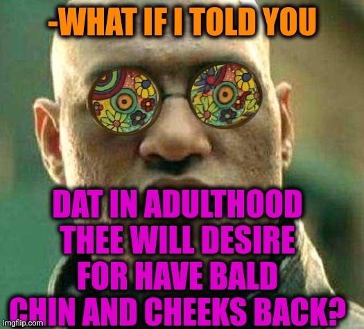 -Only this way. | -WHAT IF I TOLD YOU; DAT IN ADULTHOOD THEE WILL DESIRE FOR HAVE BALD CHIN AND CHEEKS BACK? | image tagged in acid kicks in morpheus,beard baby,china,bald,back to school,adult humor | made w/ Imgflip meme maker