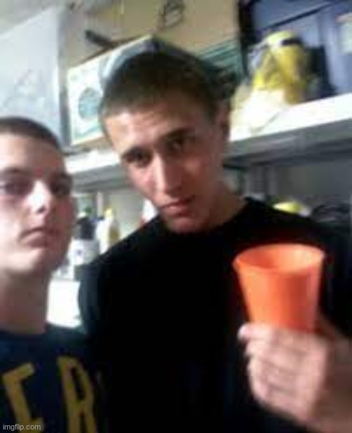 Images with Disturbing Backstories #6| Two guys chilling right? | image tagged in the guy with the cup,just murdered his parents,and threw a party at their house,2 hours after | made w/ Imgflip meme maker