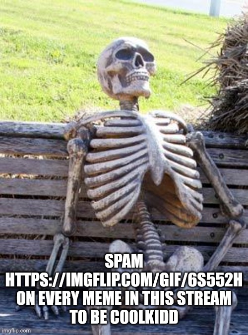 Waiting Skeleton Meme | SPAM
HTTPS://IMGFLIP.COM/GIF/6S552H
ON EVERY MEME IN THIS STREAM
TO BE C00LKIDD | image tagged in memes,waiting skeleton | made w/ Imgflip meme maker