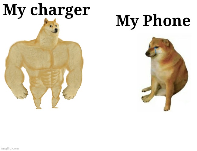 Buff Doge vs. Cheems | My charger; My Phone | image tagged in memes,buff doge vs cheems | made w/ Imgflip meme maker