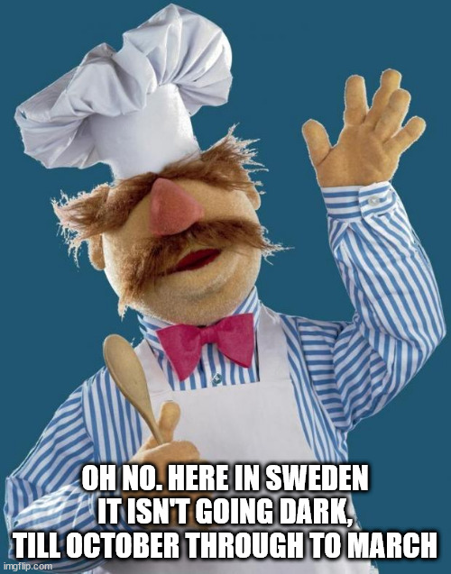 Swedish Chef | OH NO. HERE IN SWEDEN IT ISN'T GOING DARK, TILL OCTOBER THROUGH TO MARCH | image tagged in swedish chef | made w/ Imgflip meme maker