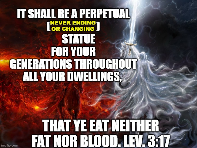 IT SHALL BE A PERPETUAL

 (                      ) 
     STATUE FOR YOUR GENERATIONS THROUGHOUT ALL YOUR DWELLINGS, NEVER ENDING OR CHANGING; THAT YE EAT NEITHER FAT NOR BLOOD. LEV. 3:17 | made w/ Imgflip meme maker