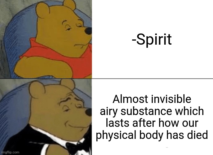 -From terms of magic. | -Spirit; Almost invisible airy substance which lasts after how our physical body has died | image tagged in memes,tuxedo winnie the pooh,goku spirit bomb,airplane,quantum physics,so you have chosen death | made w/ Imgflip meme maker