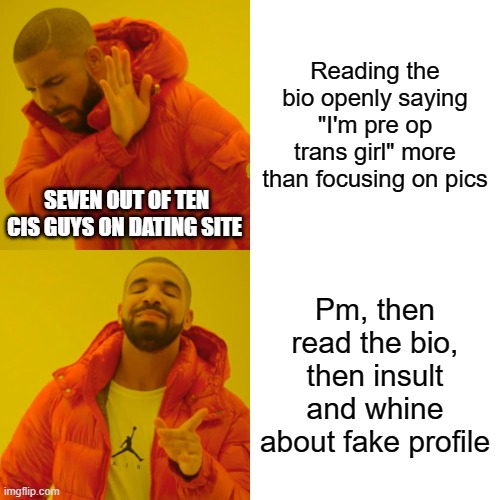 Most CIS guys on dating site | Reading the bio openly saying "I'm pre op trans girl" more than focusing on pics; SEVEN OUT OF TEN CIS GUYS ON DATING SITE; Pm, then read the bio, then insult and whine about fake profile | image tagged in memes,drake hotline bling | made w/ Imgflip meme maker