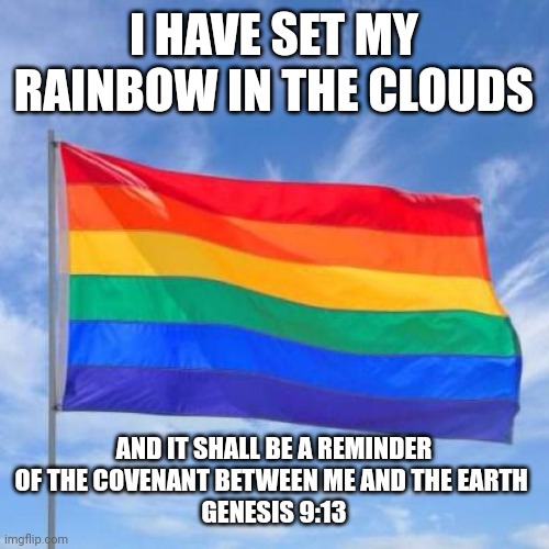 Gay pride flag | I HAVE SET MY RAINBOW IN THE CLOUDS; AND IT SHALL BE A REMINDER OF THE COVENANT BETWEEN ME AND THE EARTH 
GENESIS 9:13 | image tagged in gay pride flag | made w/ Imgflip meme maker