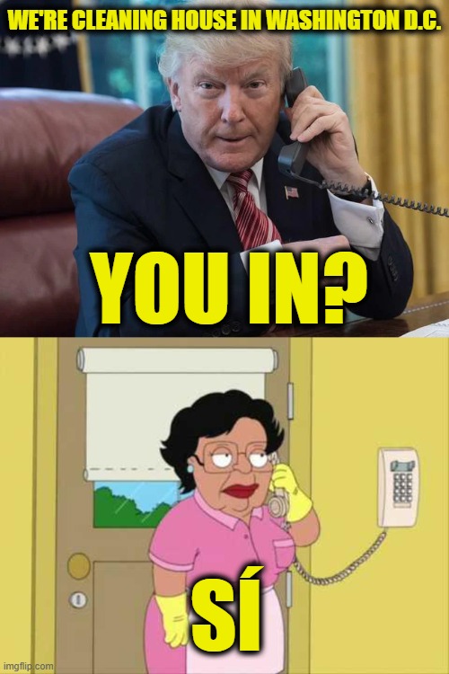 Look Out D.C. There's a Deep-Clean a Comin' | WE'RE CLEANING HOUSE IN WASHINGTON D.C. YOU IN? SÍ | image tagged in memes,consuela | made w/ Imgflip meme maker