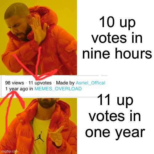 Drake Hotline Bling Meme | 10 up votes in nine hours 11 up votes in one year | image tagged in memes,drake hotline bling | made w/ Imgflip meme maker