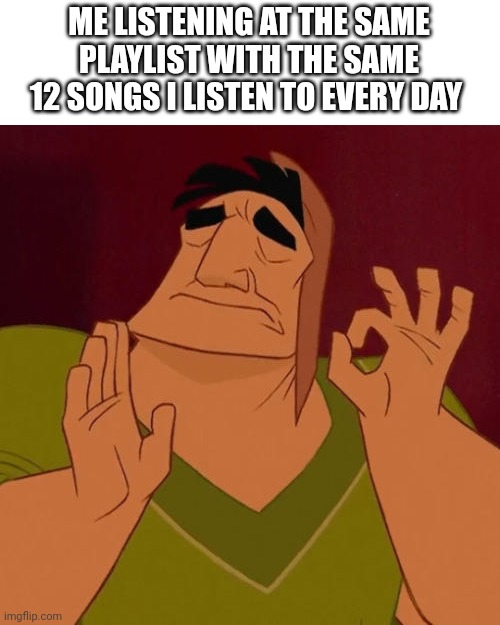 That same satisfaction... | ME LISTENING AT THE SAME PLAYLIST WITH THE SAME 12 SONGS I LISTEN TO EVERY DAY | image tagged in when x just right,memes,music,lol | made w/ Imgflip meme maker