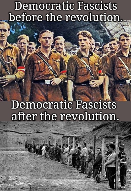 Useful idiots, eventually get their comeuppance. | Democratic Fascists
before the revolution. Democratic Fascists 
after the revolution. | image tagged in democrat,fascism | made w/ Imgflip meme maker