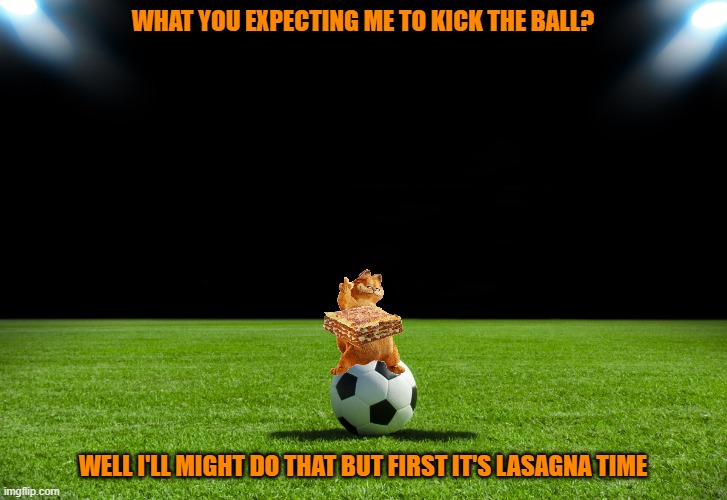if garfield played soccer | WHAT YOU EXPECTING ME TO KICK THE BALL? WELL I'LL MIGHT DO THAT BUT FIRST IT'S LASAGNA TIME | image tagged in soccer,garfield,memes,cats,sports | made w/ Imgflip meme maker