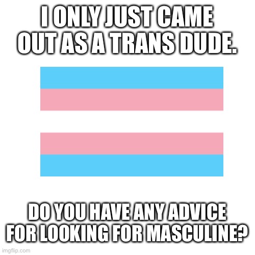 Blank Transparent Square |  I ONLY JUST CAME OUT AS A TRANS DUDE. DO YOU HAVE ANY ADVICE FOR LOOKING FOR MASCULINE? | image tagged in advice,transgender,trans | made w/ Imgflip meme maker