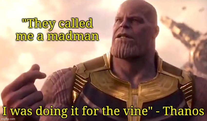 thanos snap | "They called me a madman; I was doing it for the vine" - Thanos | image tagged in thanos snap | made w/ Imgflip meme maker