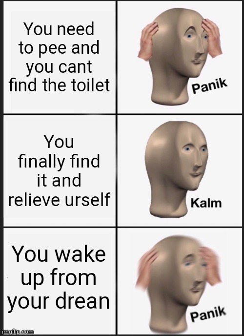 Definitely happened to all of us | You need to pee and you cant find the toilet; You finally find it and relieve urself; You wake up from your drean | image tagged in memes,panik kalm panik,idk,toilet,dreaming | made w/ Imgflip meme maker