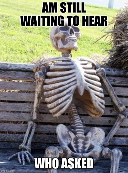 reeeeeeeeeeeeee | AM STILL WAITING TO HEAR; WHO ASKED | image tagged in memes,waiting skeleton | made w/ Imgflip meme maker