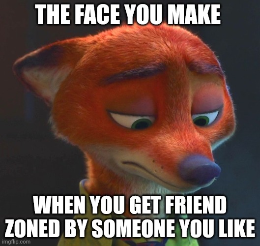 Friend Zoned Fox | THE FACE YOU MAKE; WHEN YOU GET FRIEND ZONED BY SOMEONE YOU LIKE | image tagged in nick wilde sad,zootopia,nick wilde,the face you make when,friend zone,funny | made w/ Imgflip meme maker