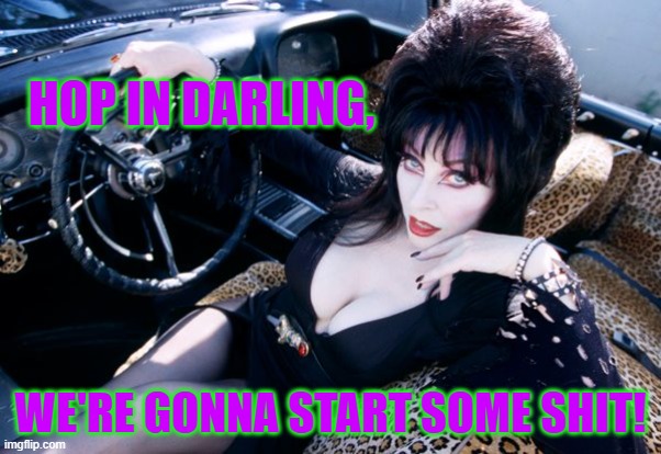Elvira | HOP IN DARLING, WE'RE GONNA START SOME SHIT! | image tagged in elvira,funny memes,shitpost | made w/ Imgflip meme maker