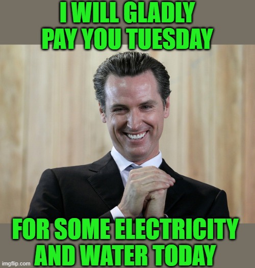 welcome to paradise | I WILL GLADLY PAY YOU TUESDAY; FOR SOME ELECTRICITY AND WATER TODAY | image tagged in scheming gavin newsom | made w/ Imgflip meme maker