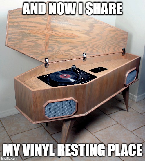 vinyl resting place | AND NOW I SHARE; MY VINYL RESTING PLACE | image tagged in funny memes | made w/ Imgflip meme maker