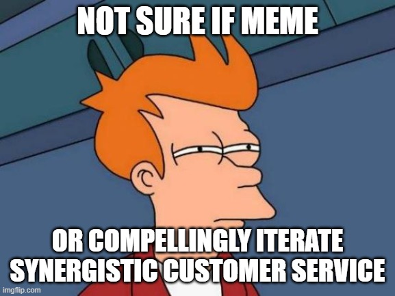 Futurama Fry Meme | NOT SURE IF MEME; OR COMPELLINGLY ITERATE SYNERGISTIC CUSTOMER SERVICE | image tagged in memes,futurama fry,corporate needs you to find the differences,not,sure,if | made w/ Imgflip meme maker