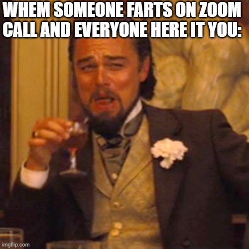 Laughing Leo | WHEM SOMEONE FARTS ON ZOOM CALL AND EVERYONE HERE IT YOU: | image tagged in memes,laughing leo | made w/ Imgflip meme maker