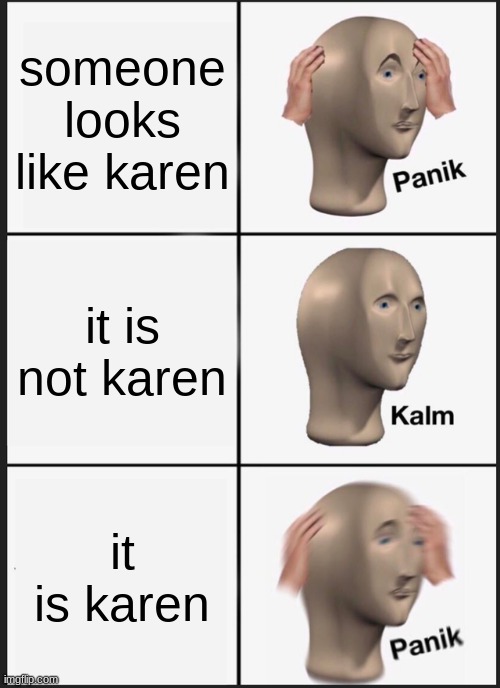 Panik Kalm Panik Meme | someone looks like karen; it is not karen; it is karen | image tagged in memes,panik kalm panik | made w/ Imgflip meme maker