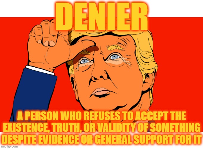 DENIER | DENIER; A PERSON WHO REFUSES TO ACCEPT THE EXISTENCE, TRUTH, OR VALIDITY OF SOMETHING DESPITE EVIDENCE OR GENERAL SUPPORT FOR IT | image tagged in truth,validity,evidence,accept,refuse,deny | made w/ Imgflip meme maker