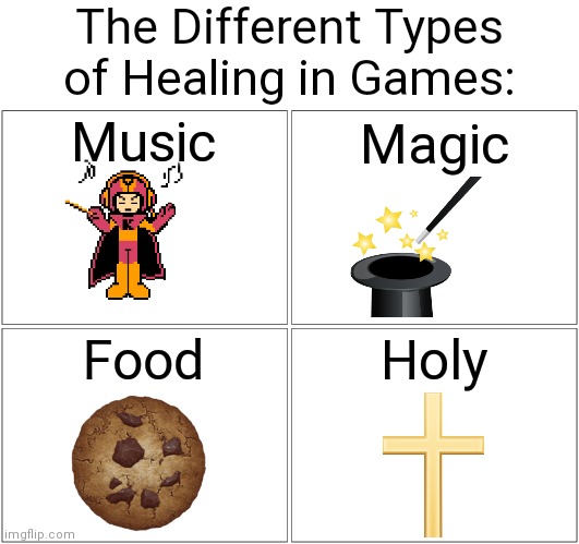 Tell me if you know any others | The Different Types of Healing in Games:; Music; Magic; Food; Holy | image tagged in blank transparent square,blank comic panel 2x2,blank white template,healing,memes | made w/ Imgflip meme maker