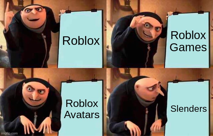 Me explaining Roblox: | Roblox; Roblox Games; Roblox Avatars; Slenders | image tagged in memes,gru's plan | made w/ Imgflip meme maker