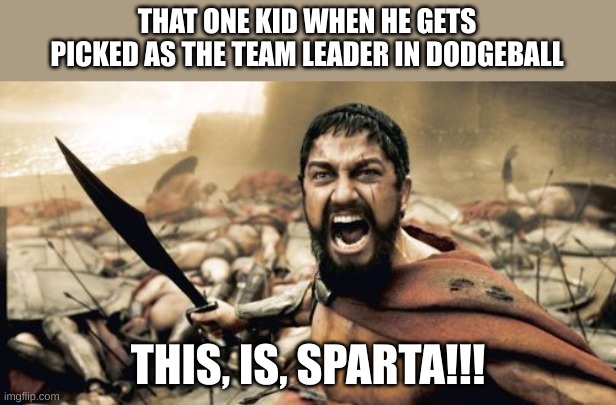 that one kid | THAT ONE KID WHEN HE GETS PICKED AS THE TEAM LEADER IN DODGEBALL; THIS, IS, SPARTA!!! | image tagged in memes,sparta leonidas,that one kid,so true memes,school,this is sparta | made w/ Imgflip meme maker