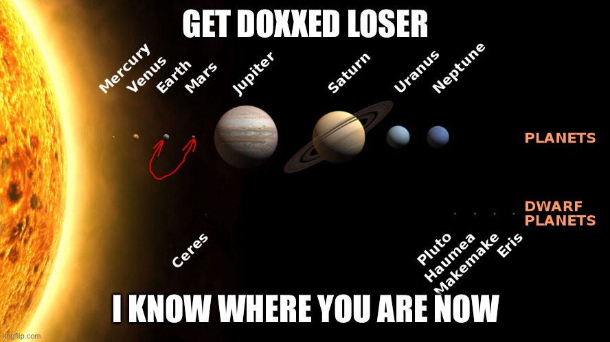 GET DOXXED | GET DOXXED LOSER; I KNOW WHERE YOU ARE NOW | image tagged in space,doxxed,ip address,doxxing | made w/ Imgflip meme maker