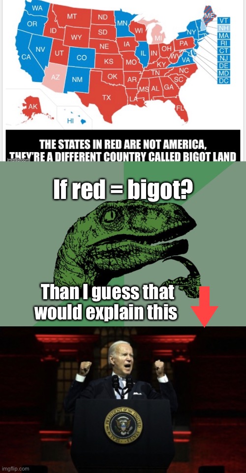 Red Biden explained | If red = bigot? Than I guess that would explain this | image tagged in dino think dinossauro pensador,politics lol,memes,derp | made w/ Imgflip meme maker
