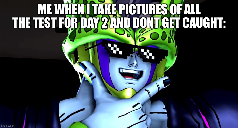 True story btw and still havent got caught | ME WHEN I TAKE PICTURES OF ALL THE TEST FOR DAY 2 AND DONT GET CAUGHT: | image tagged in perfect cell shade | made w/ Imgflip meme maker