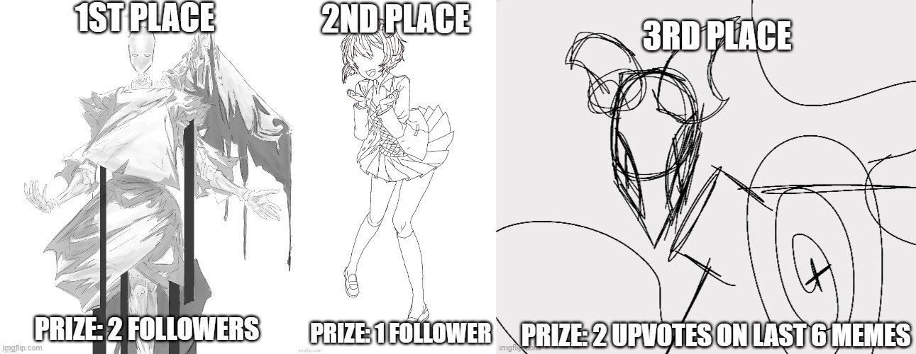 Thanks everyone for participating :D I may do another contest someday | 1ST PLACE; 2ND PLACE; 3RD PLACE; PRIZE: 2 FOLLOWERS; PRIZE: 1 FOLLOWER; PRIZE: 2 UPVOTES ON LAST 6 MEMES | image tagged in memes,drawing,winners | made w/ Imgflip meme maker