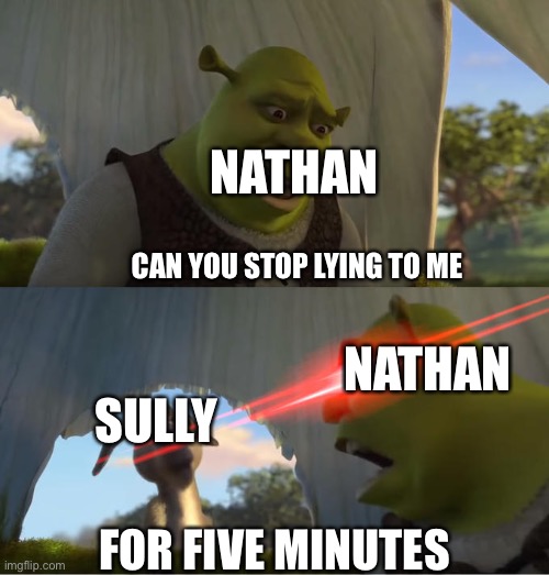 That one scene in Uncharted be like | NATHAN; CAN YOU STOP LYING TO ME; NATHAN; SULLY; FOR FIVE MINUTES | image tagged in shrek for five minutes | made w/ Imgflip meme maker